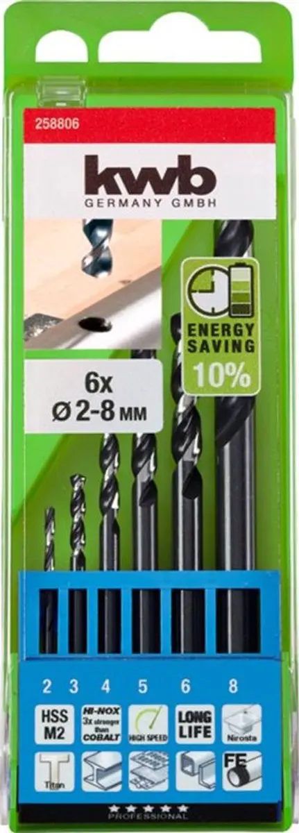 KWB HSS Metaal-spiraalboorset 6-delig M2 DIN 338 - 2-8mm