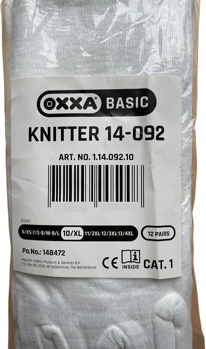 Oxxa Katoenen Handschoenen 12 Paar - Maat 10/XL - Wit
