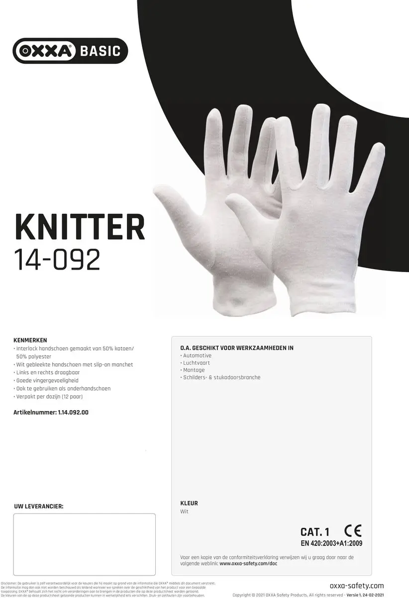 Oxxa Katoenen Handschoenen 12 Paar - Maat 10/XL - Wit