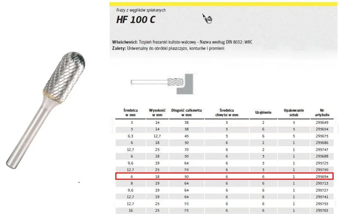 Klingspor HF 100 C Cilindrische Frees 6mm