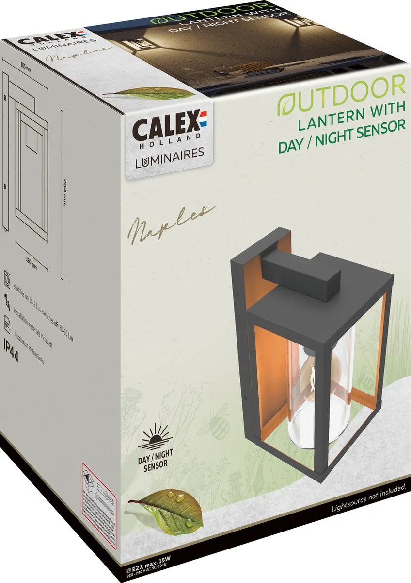 Calex LED Wandlamp Naples E27 - Zwart - IP44 - Dag/Nacht sensor