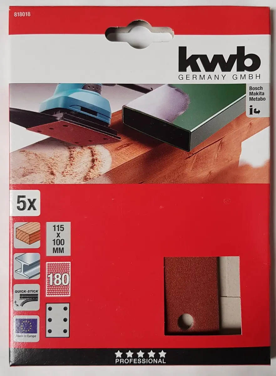 KWB Schuurstrook 115x100mm Korrel 180 - 5 Stuks