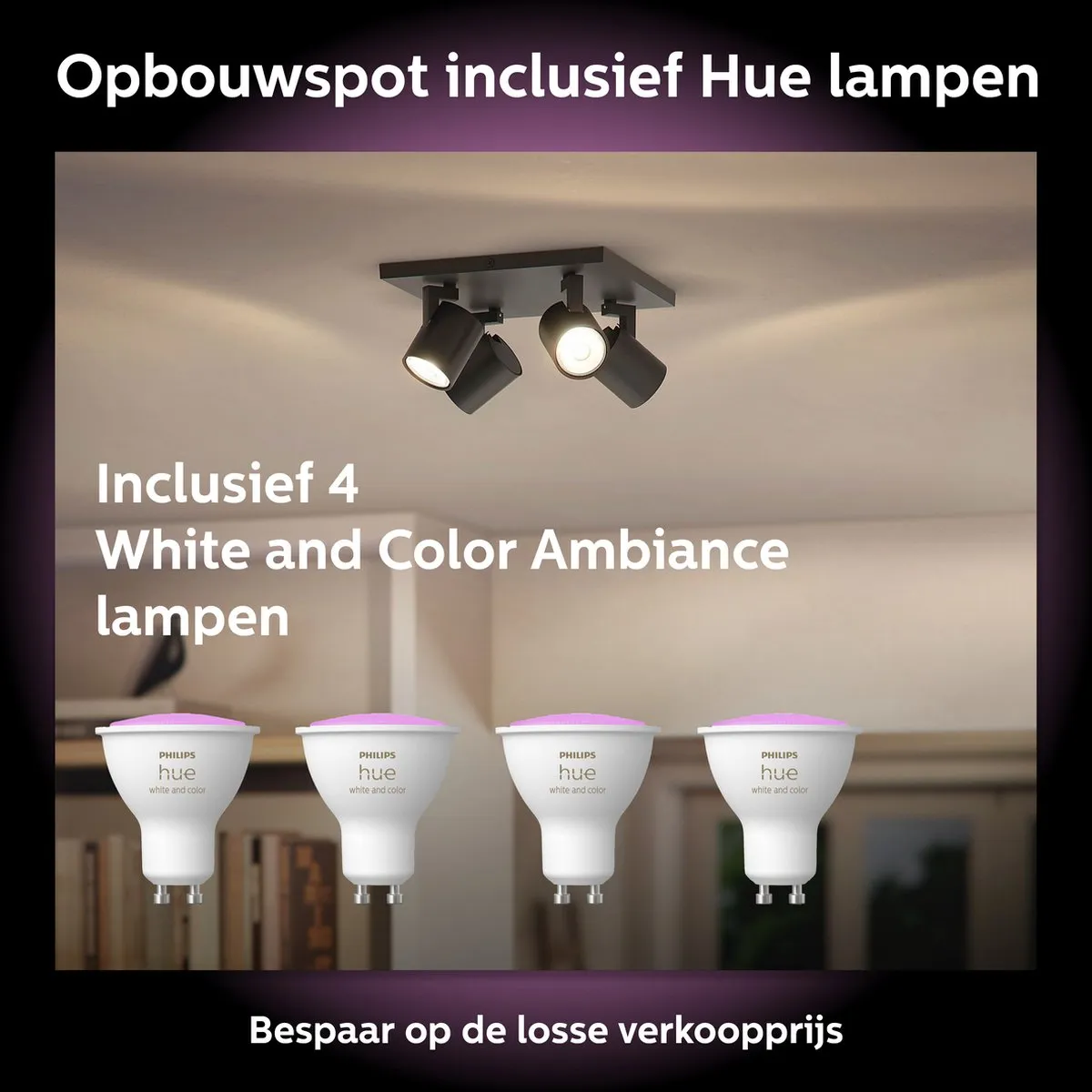 Philips Hue Runner Opbouwspot Zwart - 4x GU10 RGBW