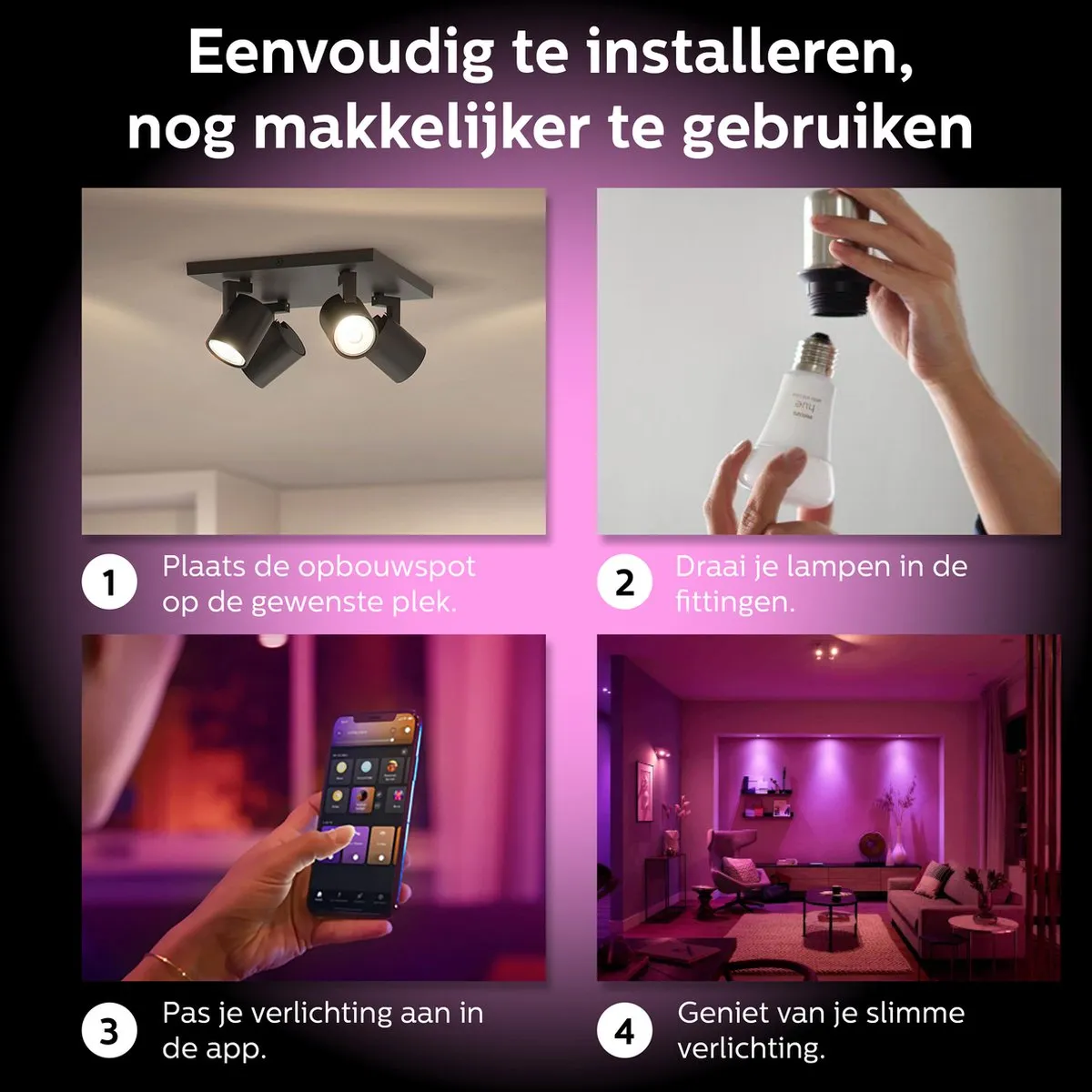 Philips Hue Runner Opbouwspot Zwart - 4x GU10 RGBW