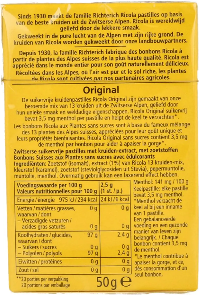 Ricola Original Suikervrij Doosje 50g