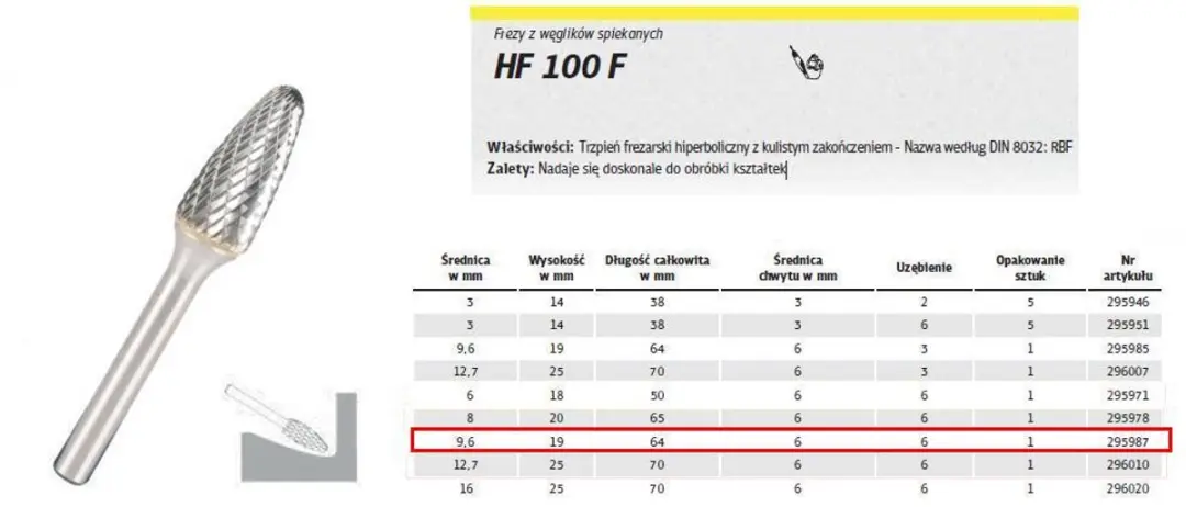 Klingspor HF 100 F Hiperbolische Frees 9,6x19mm