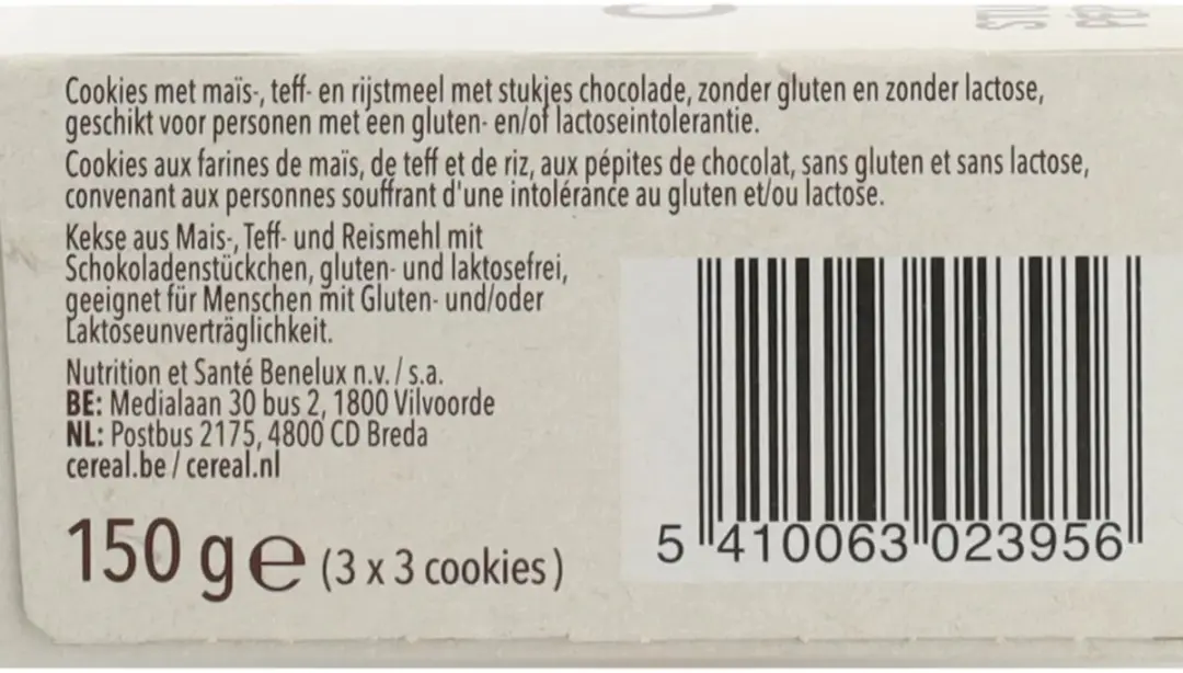 Cereal Cookies Stukjes Chocolade Glutenvrij & Lactosevrij - 3x150g