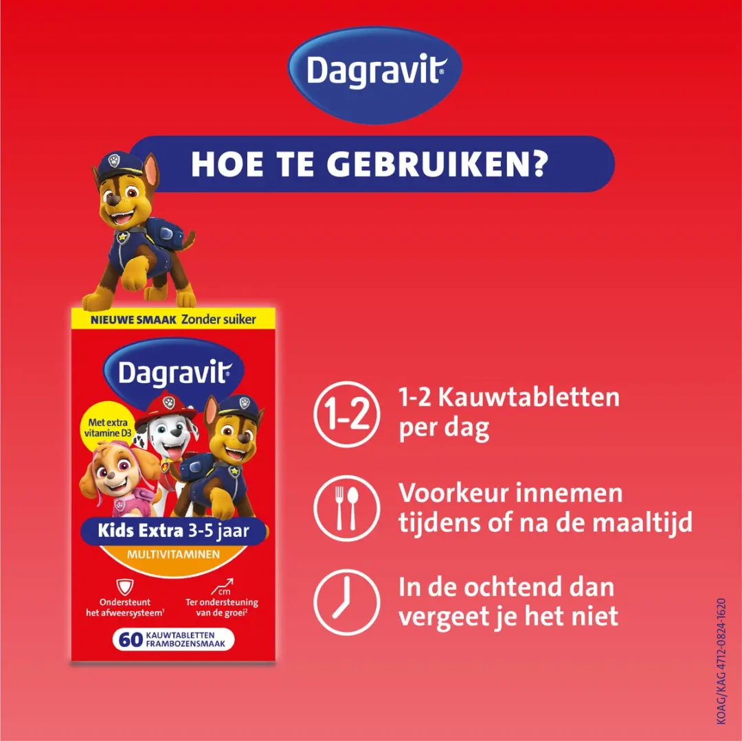Dagravit Kids Extra 3-5 jaar Multivitaminen Paw Patrol Framboos - 60 Kauwtabletten