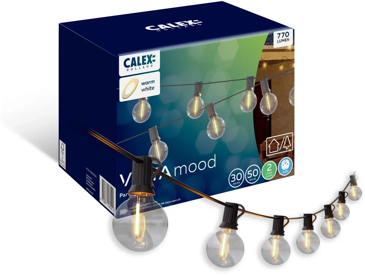 Calex Vista Lichtsnoer 30m - Voor Buiten - Lichtslinger met 50 lampjes - Warm Wit Licht - Tuinverlichting met afstandsbediening - Kerstverlichting