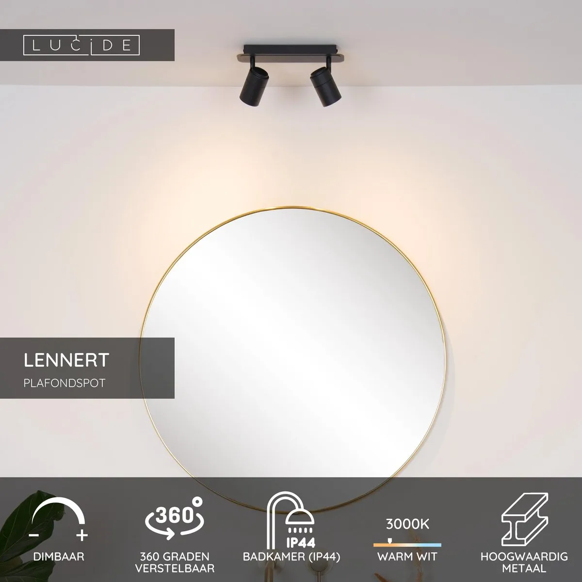 Lucide Lennert Plafondspot LED 2x5W 3000K IP44 - Zwart