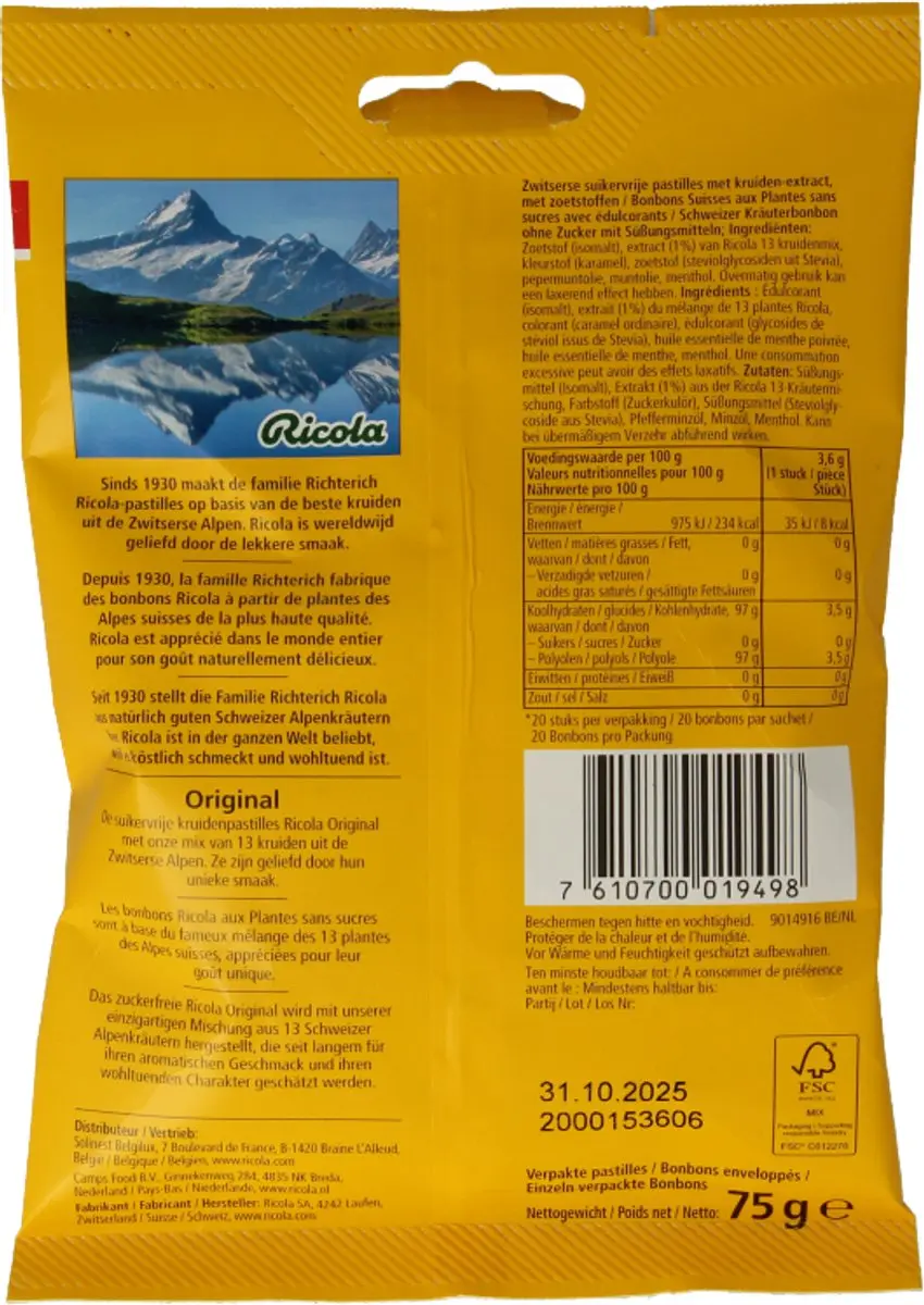 Ricola Original Suikervrij Pastilles 75g