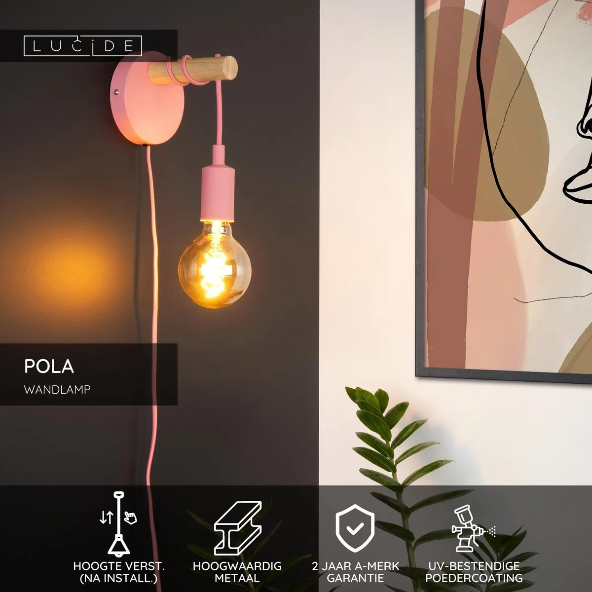 Lucide POLA Wandlamp Kinderkamer Ø12cm - Roze
