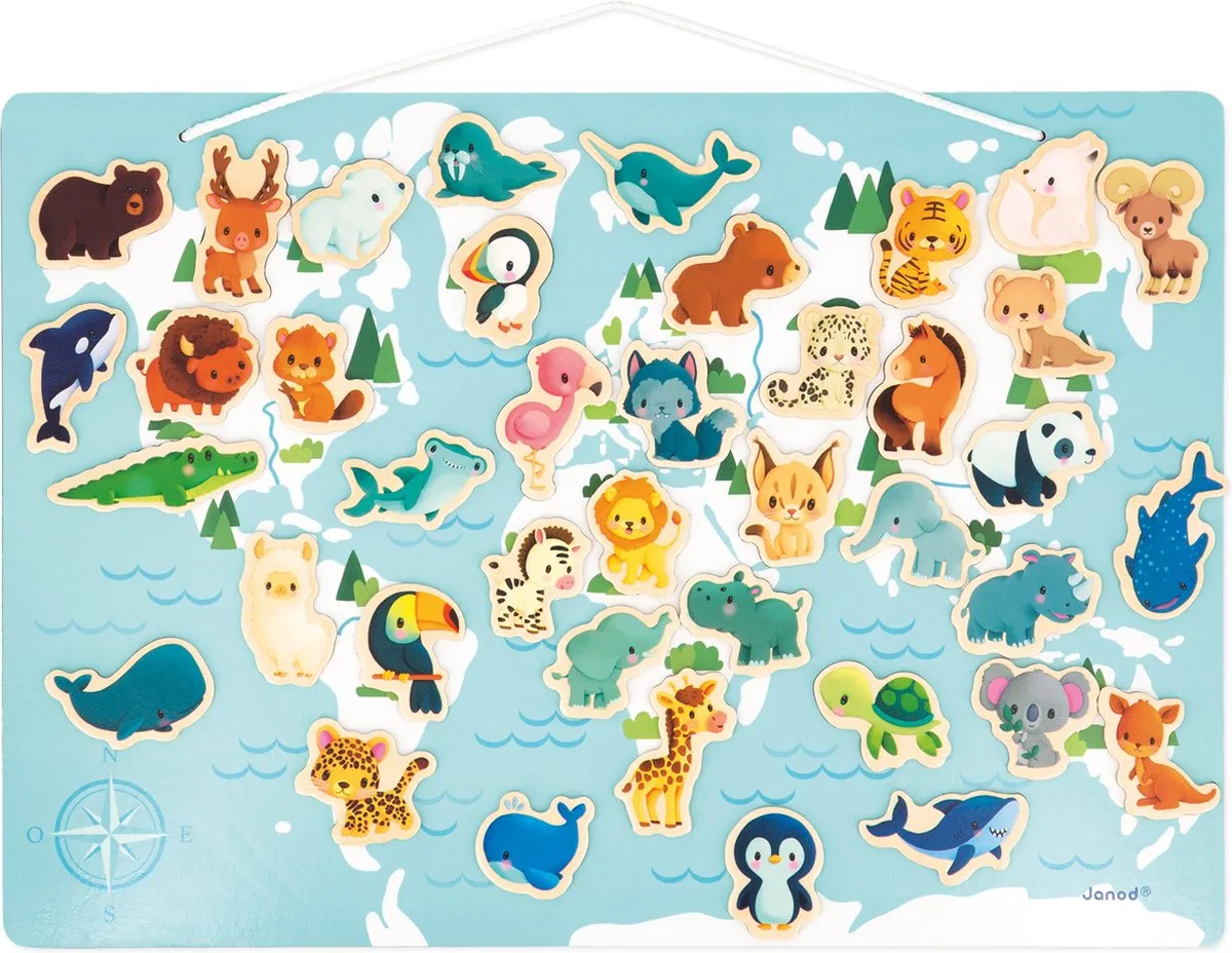 Janod Magneetbord Wereldkaart - 40 Dierenmagneten - Vanaf 2 jaar