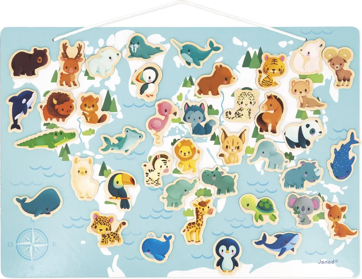 Janod Magneetbord Wereldkaart - 40 Dierenmagneten - Vanaf 2 jaar