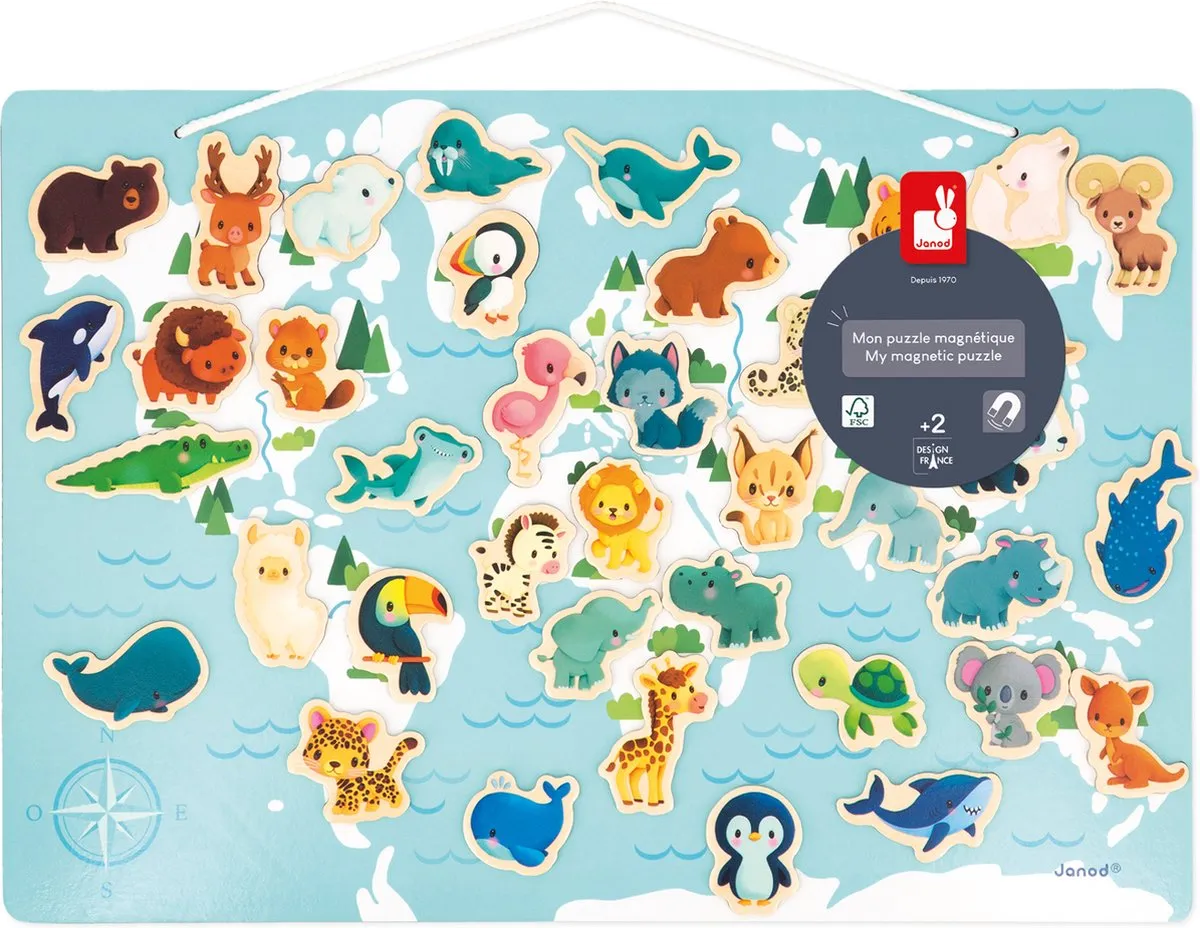 Janod Magneetbord Wereldkaart - 40 Dierenmagneten - Vanaf 2 jaar