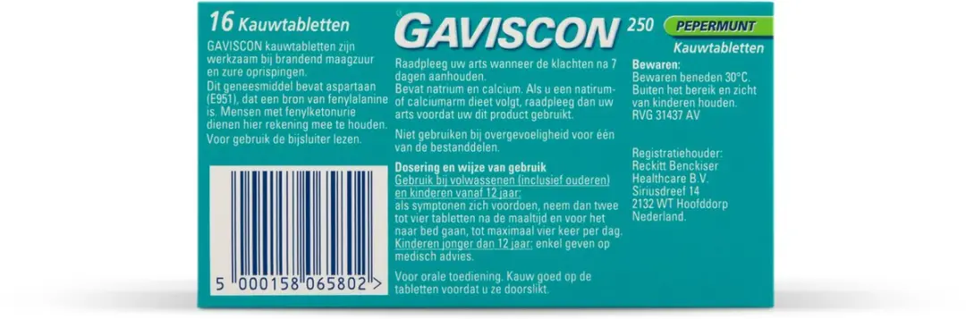Gaviscon Pepermunt Kauwtabletten 250mg - 16 Stuks