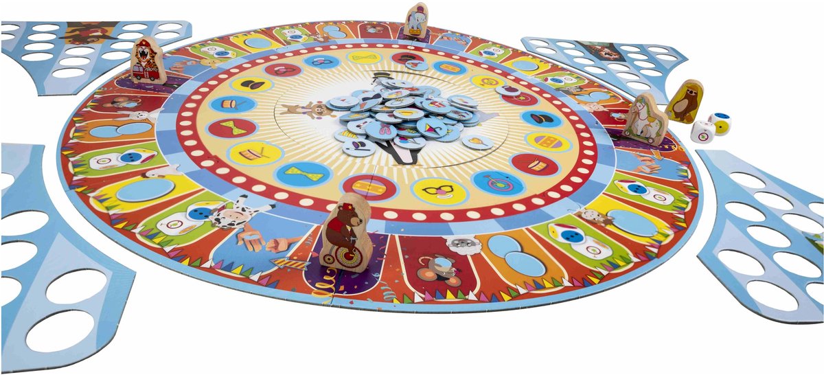 Tactic Dierencircus – Bordspel – Familiespel – Extra Groot Speelbord van 60 cm doorsnede – 5 Houten Dieren – 4 Grote Verzameltenten van 24x24 cm - Vanaf 4 jaar
