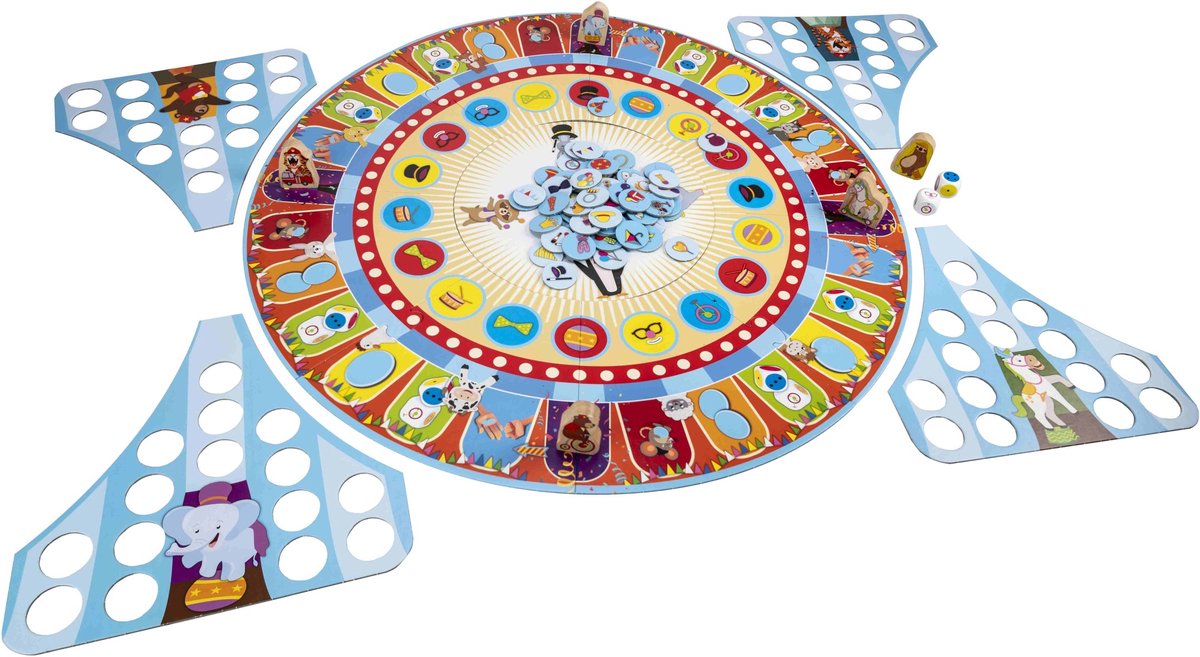 Tactic Dierencircus – Bordspel – Familiespel – Extra Groot Speelbord van 60 cm doorsnede – 5 Houten Dieren – 4 Grote Verzameltenten van 24x24 cm - Vanaf 4 jaar
