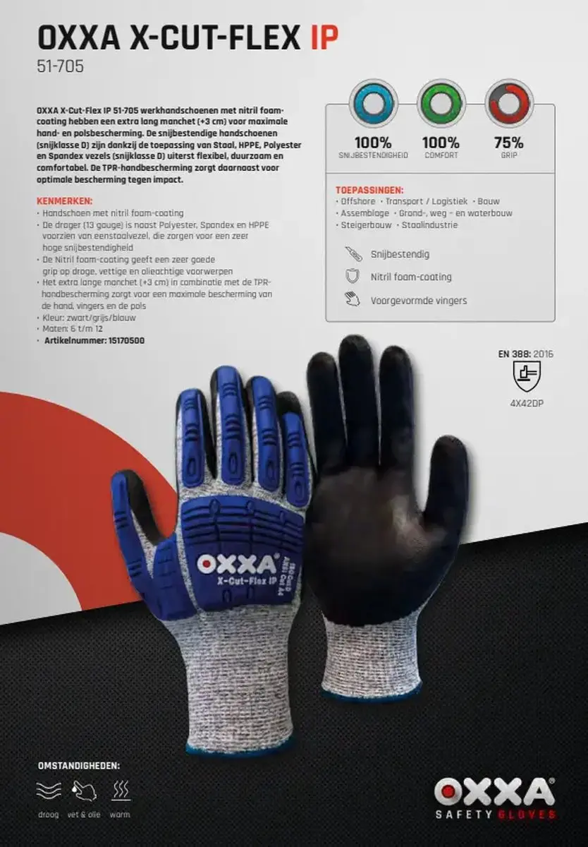 Oxxa X-Cut-Flex 51-705 Werkhandschoenen 10/XL - Klasse D Snijbestendig - Impact