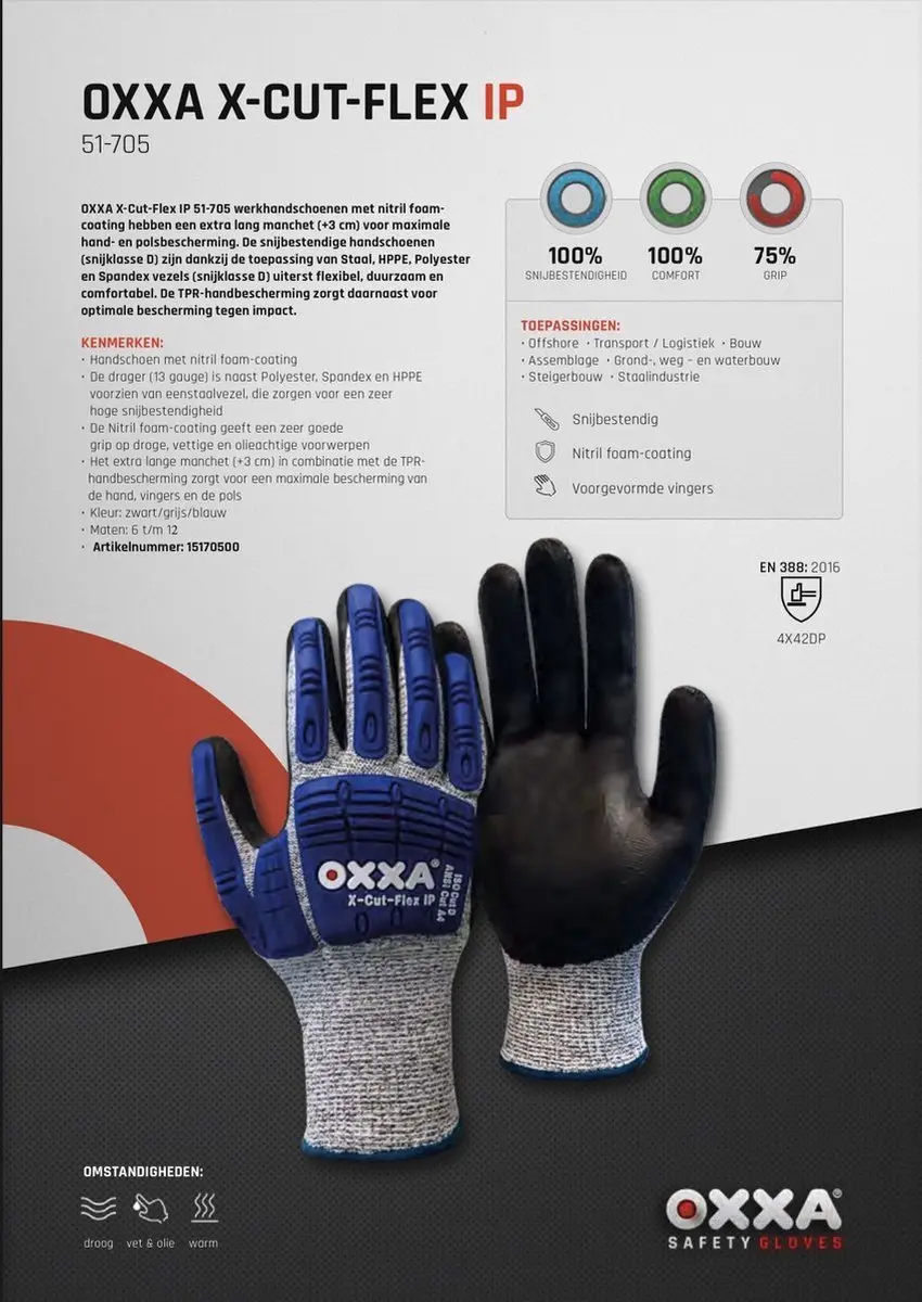 Oxxa X-Cut-Flex 51-705 Werkhandschoenen 10/XL - Klasse D Snijbestendig - Impact