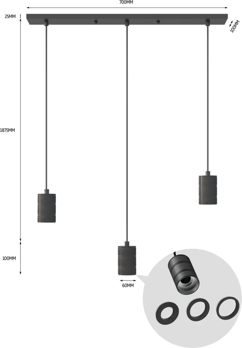 Calex Retro Plafondlamp - 3x E27 - Hanglamp Industrieel - 10 x 70 cm Pendellamp - Zwart