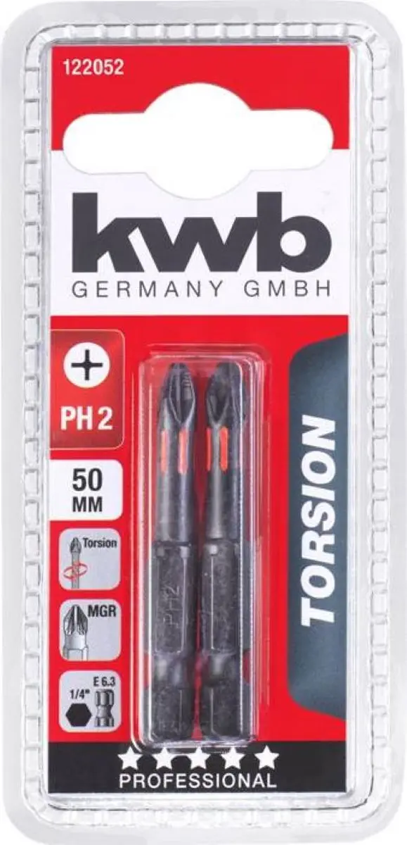 KWB Schroefbit PH 2 Torsion 50mm - 1/4" - 2 Stuks
