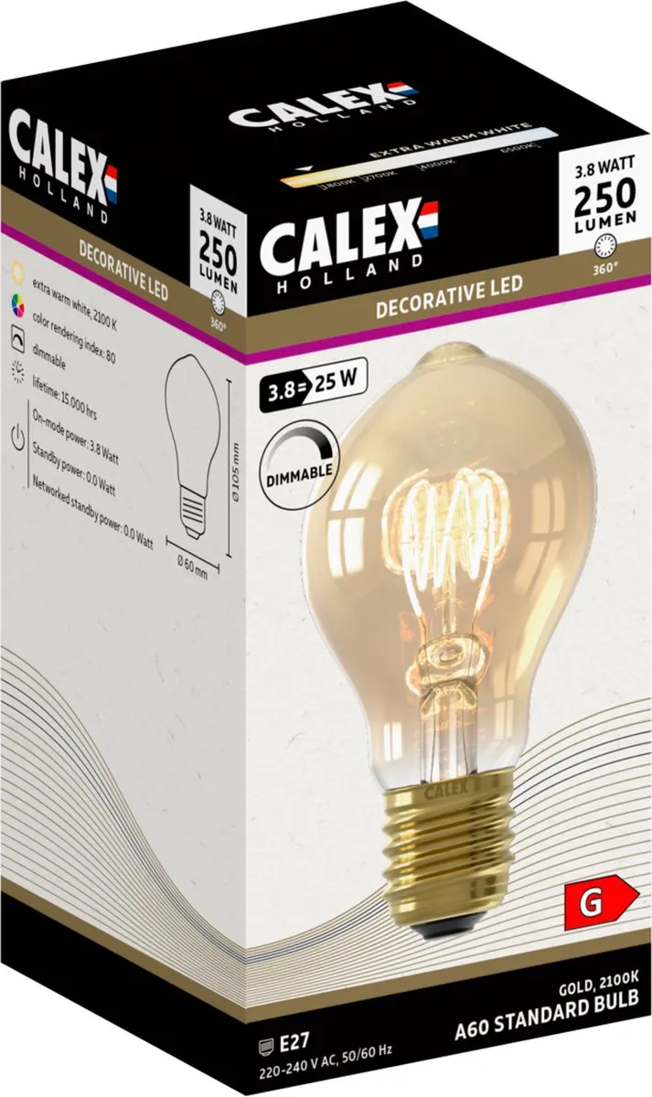 Calex Filament LED Lamp E27 A60 3.8W - Goud - 2100K