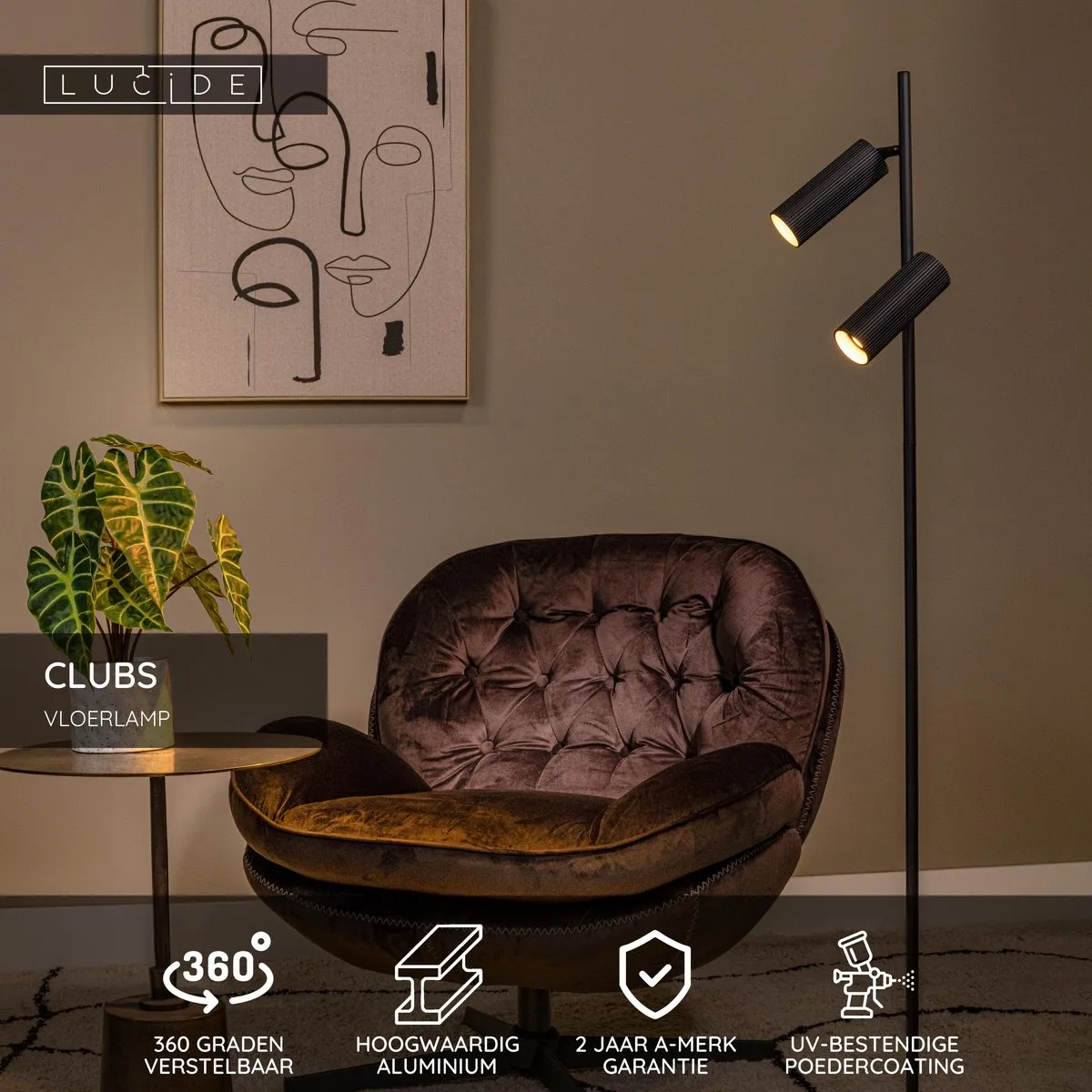 Lucide CLUBS Vloerlamp 2xGU10 - Zwart