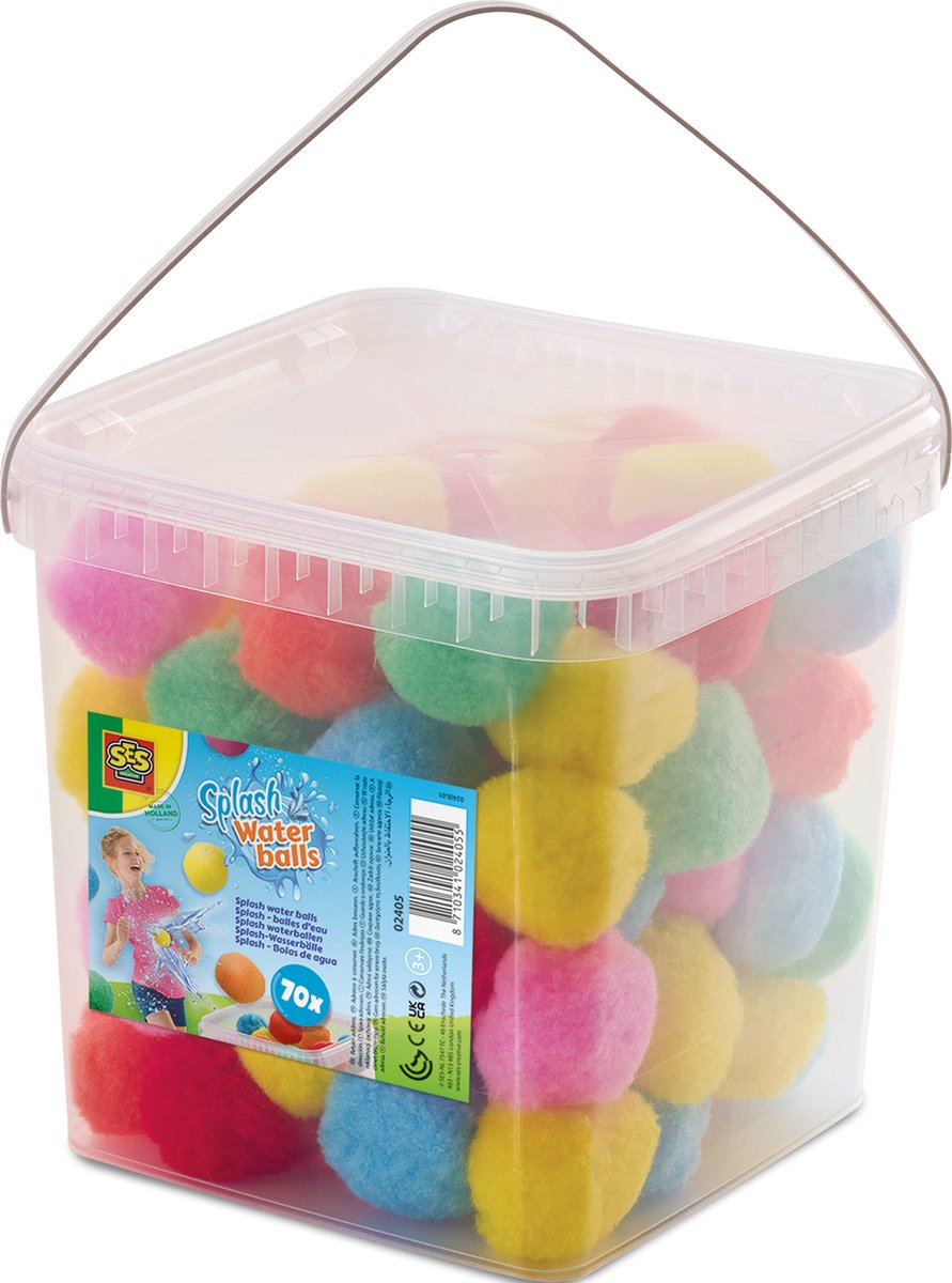 SES Creative 02405 - Veel splash ballen - 70 herbruikbare waterballonnen in emmer - gebruik de emmer om je waterballetjes te vullen
