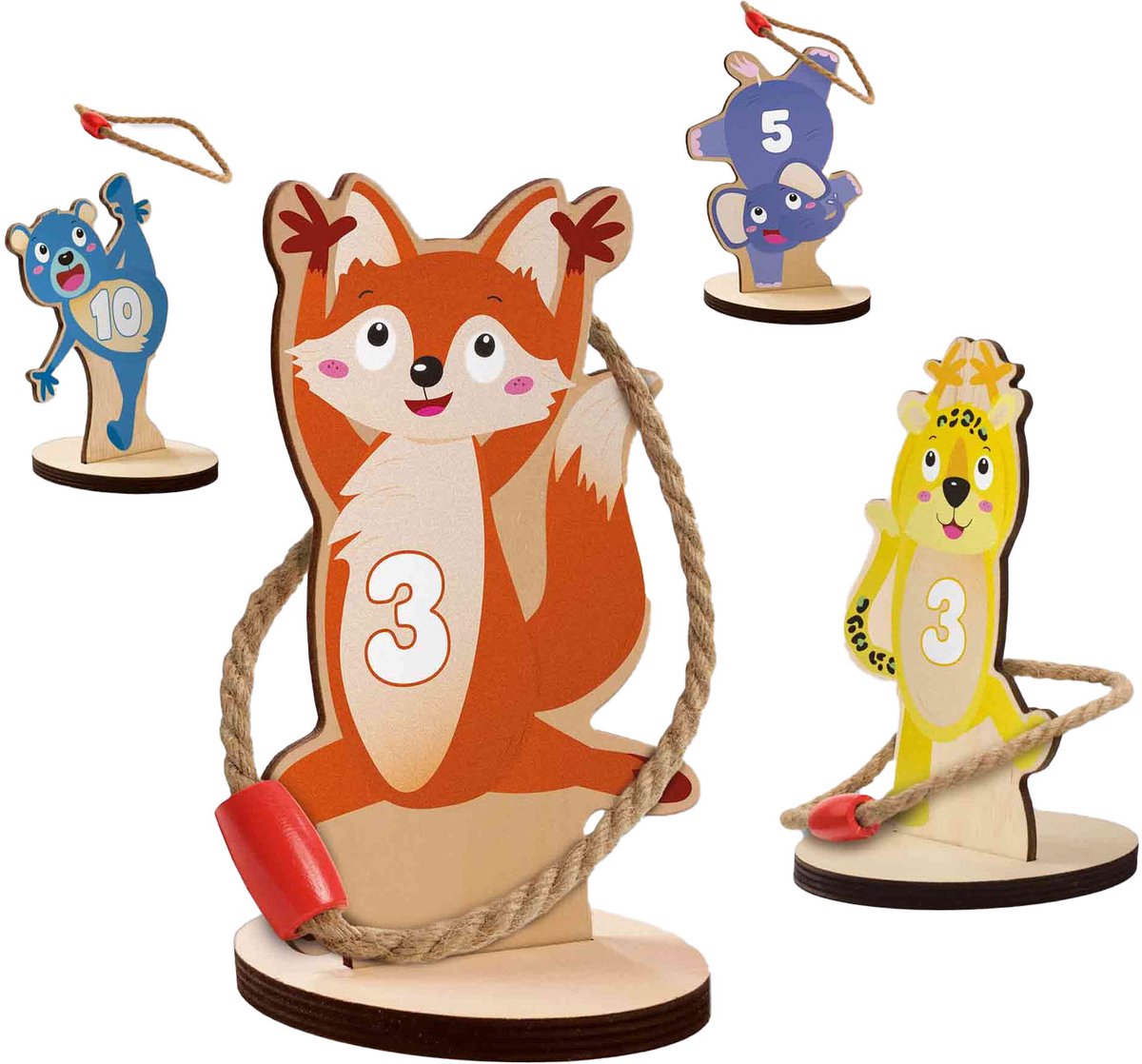 SES - Ringwerpen - 5 houten ringwerp dierenfiguren met 4 stevige touwringen - buiten spelen