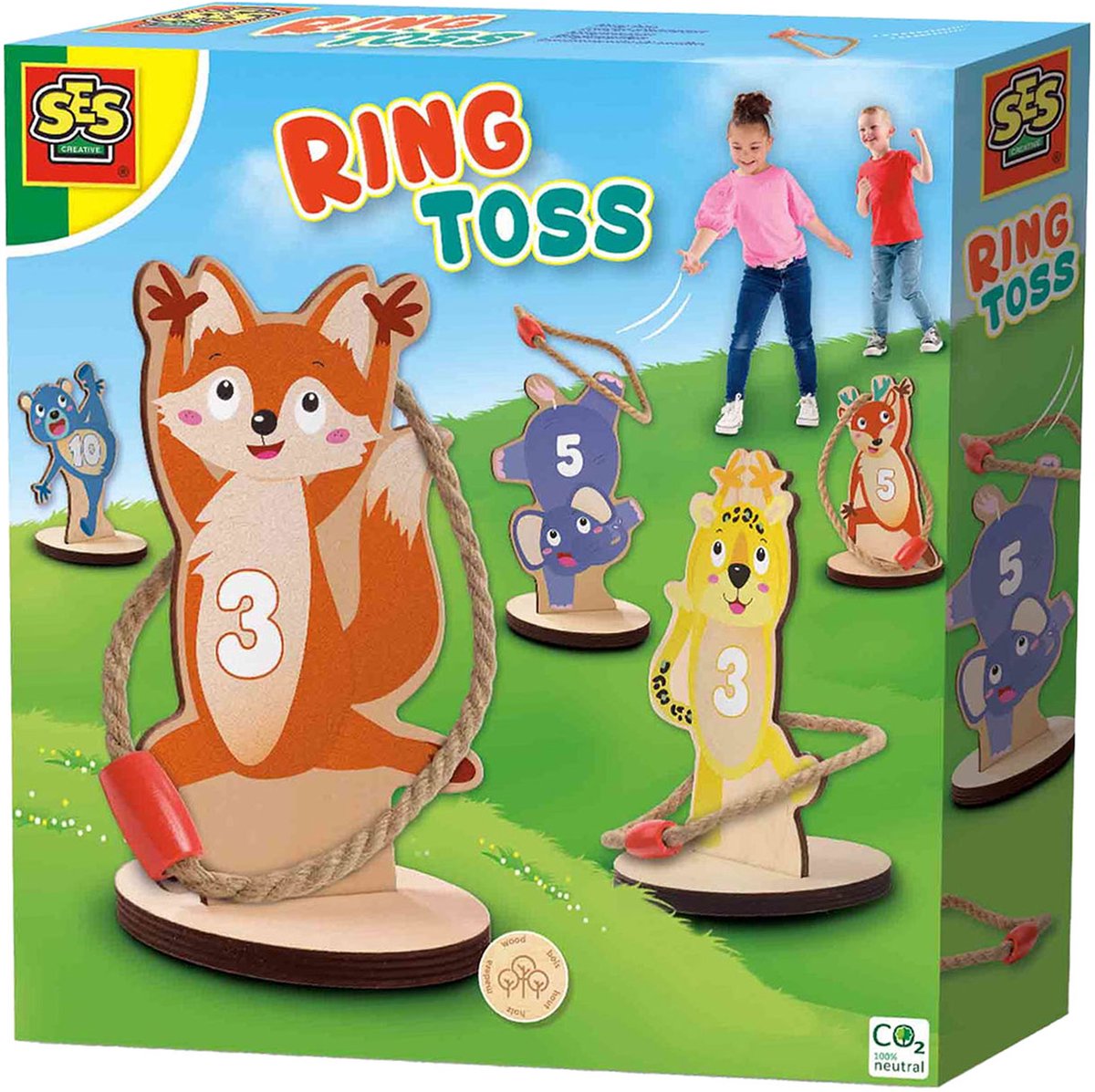 SES - Ringwerpen - 5 houten ringwerp dierenfiguren met 4 stevige touwringen - buiten spelen