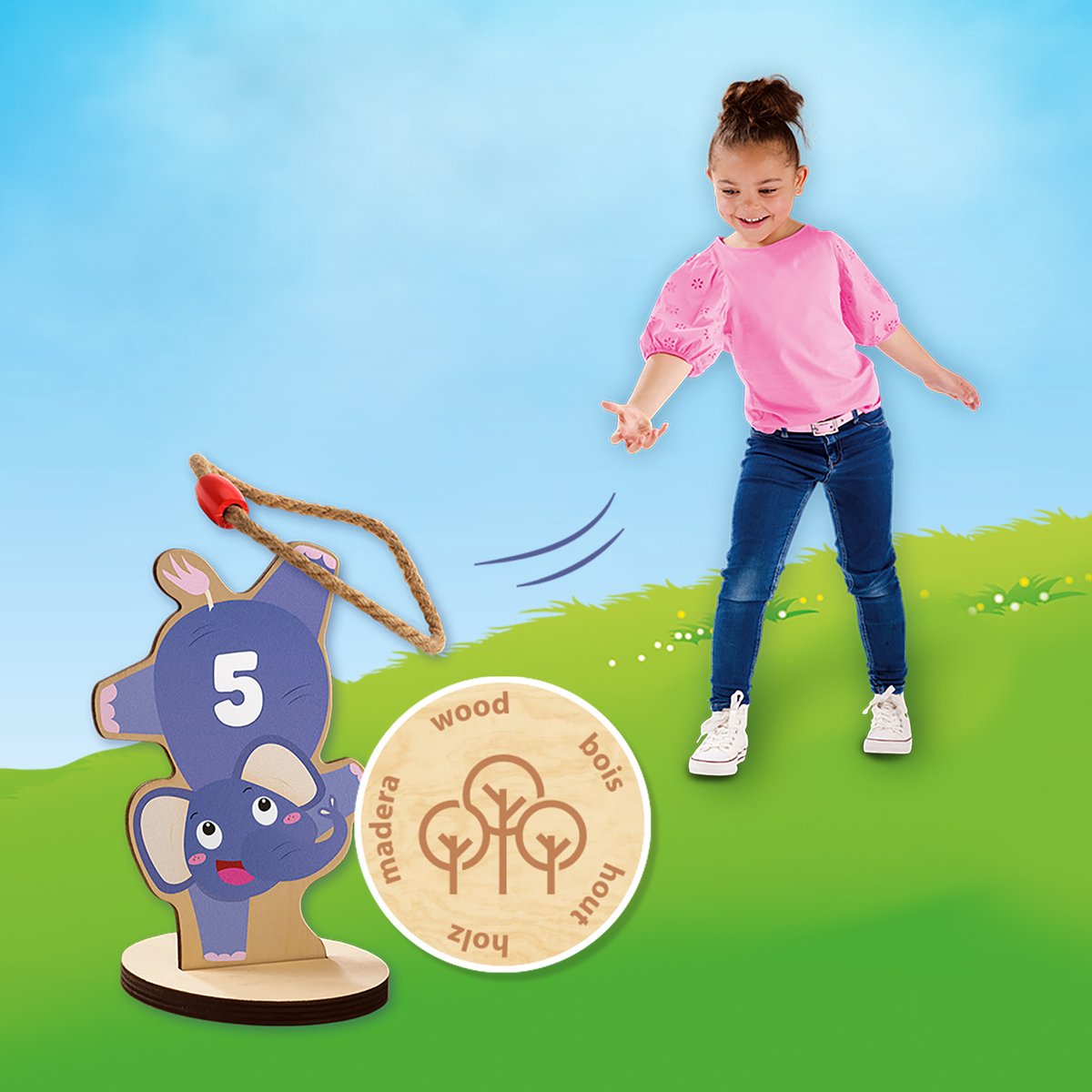 SES - Ringwerpen - 5 houten ringwerp dierenfiguren met 4 stevige touwringen - buiten spelen