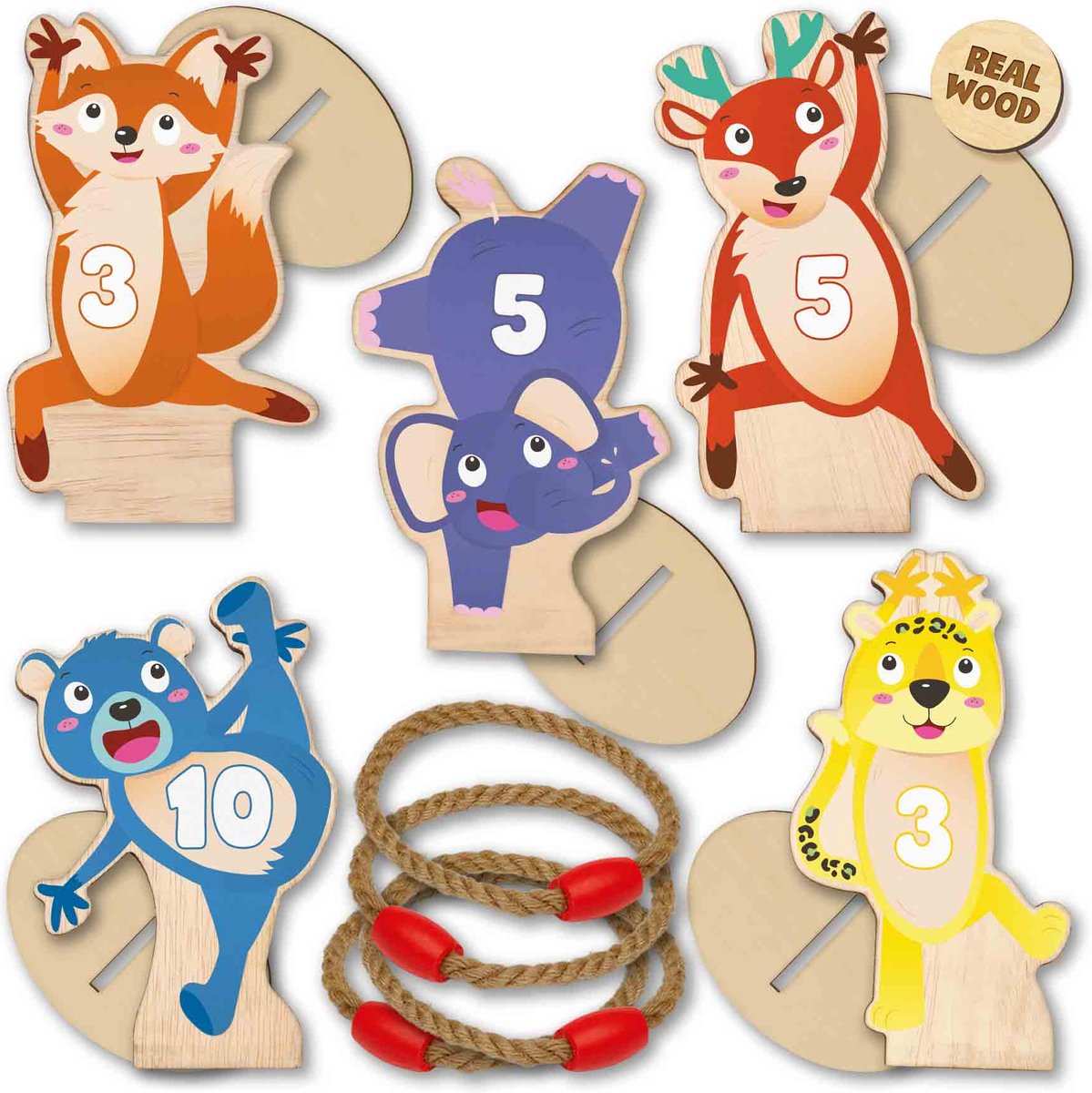 SES - Ringwerpen - 5 houten ringwerp dierenfiguren met 4 stevige touwringen - buiten spelen