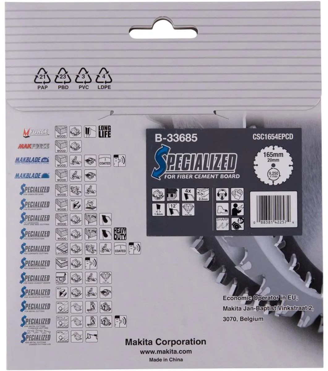 Makita B-33685 Cirkelzaagblad Vezelcement 165mm - 4 Tanden