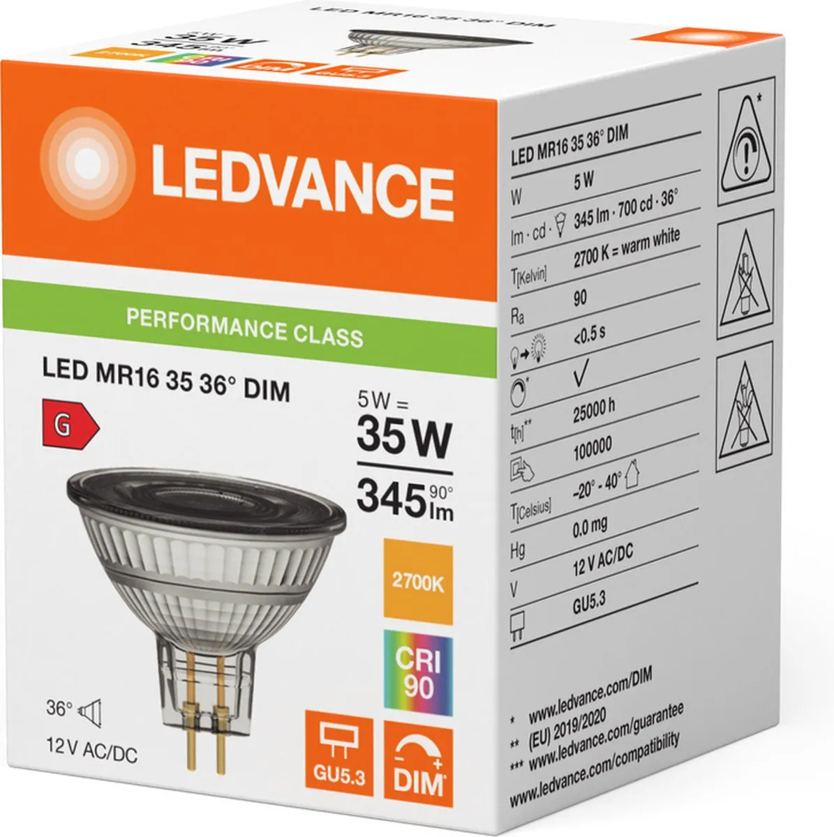LEDVANCE Performance LED Spot MR16 5W 345lm - 36° - 3000K