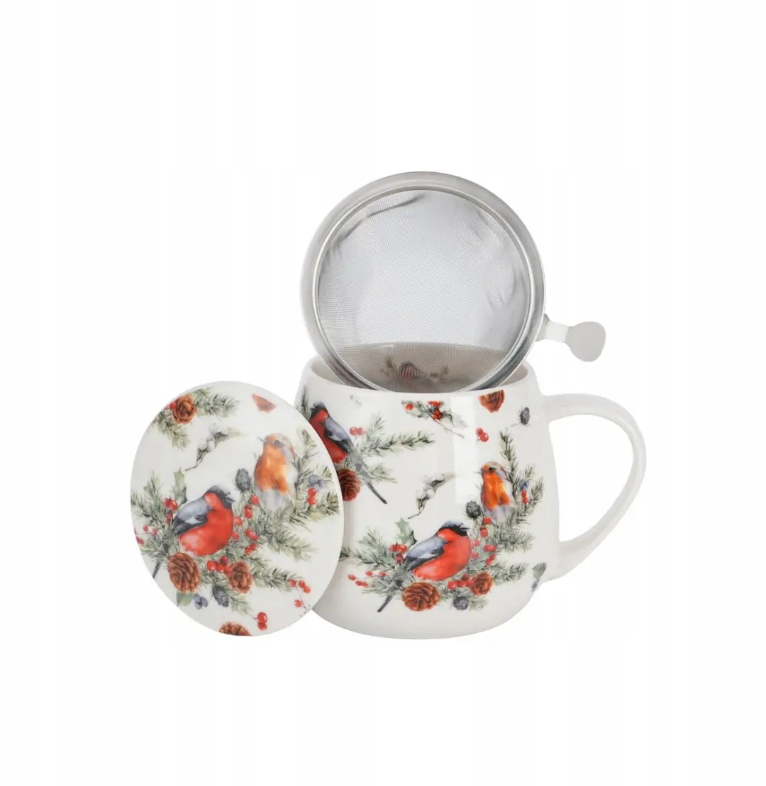 Duo Christmas Birds Mok met Zeef en Deksel 430ml - Multicolor