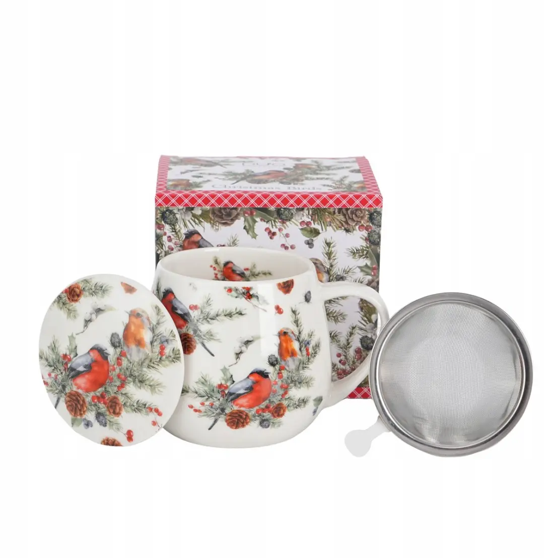 Duo Christmas Birds Mok met Zeef en Deksel 430ml