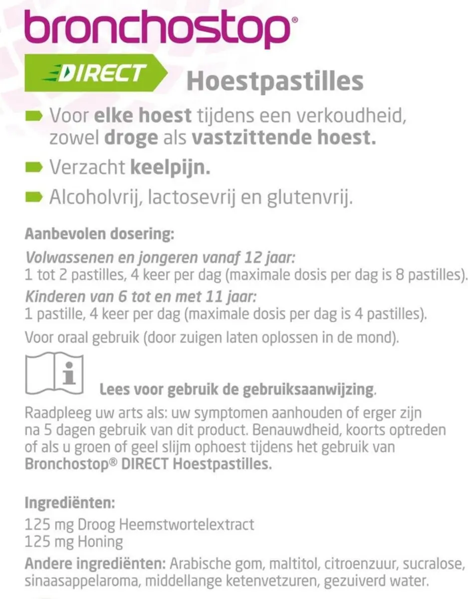 Bronchostop Hoestpastilles Direct Met Honing - 40g