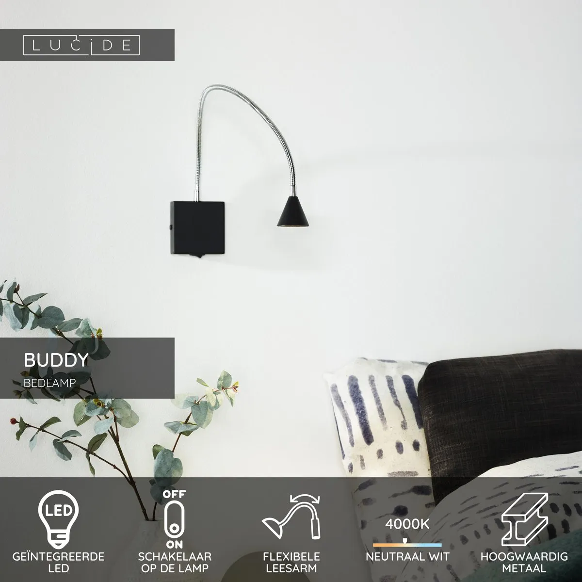 Lucide BUDDY Bedlamp/Wandlamp - 4W 4000K - Zwart