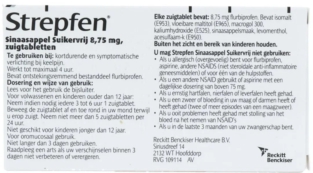 Strepfen Sinaasappel Suikervrij Zuigtabletten 8 Stuks