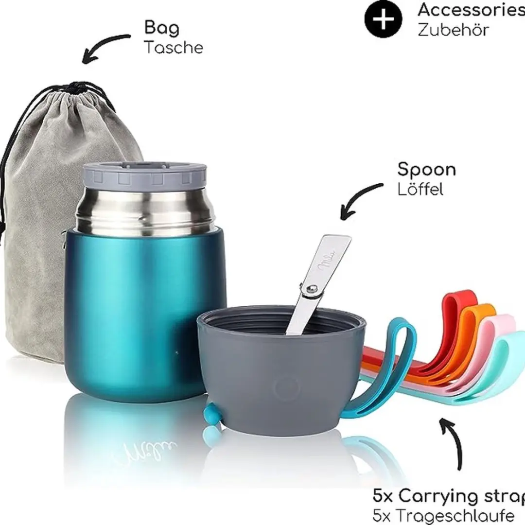 Milu Thermosbeker Groen - Dubbelwandig 500ml - Inklapbare lepel & tas