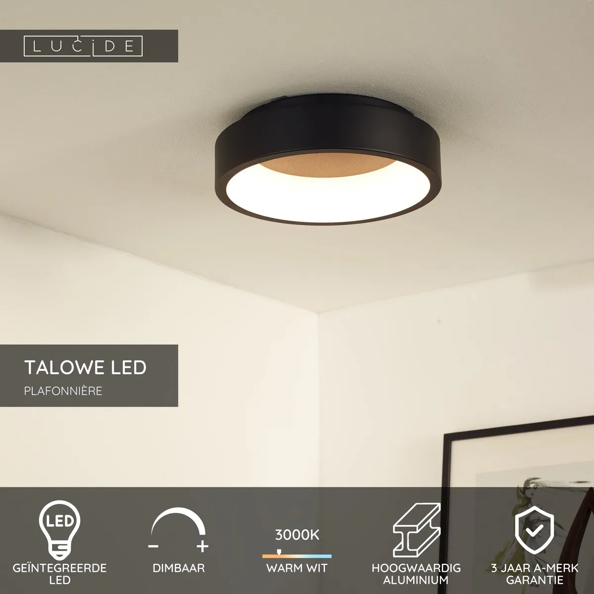 Lucide Talowe LED Plafondlamp Ø30cm - 20W 3000K - Zwart
