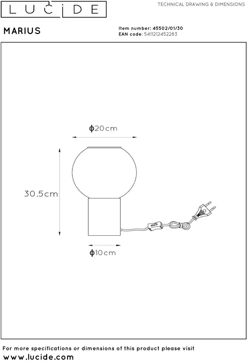 Lucide Marius Tafellamp Ø20cm - 1xE27 - Zwart - afbeelding 6 van 6