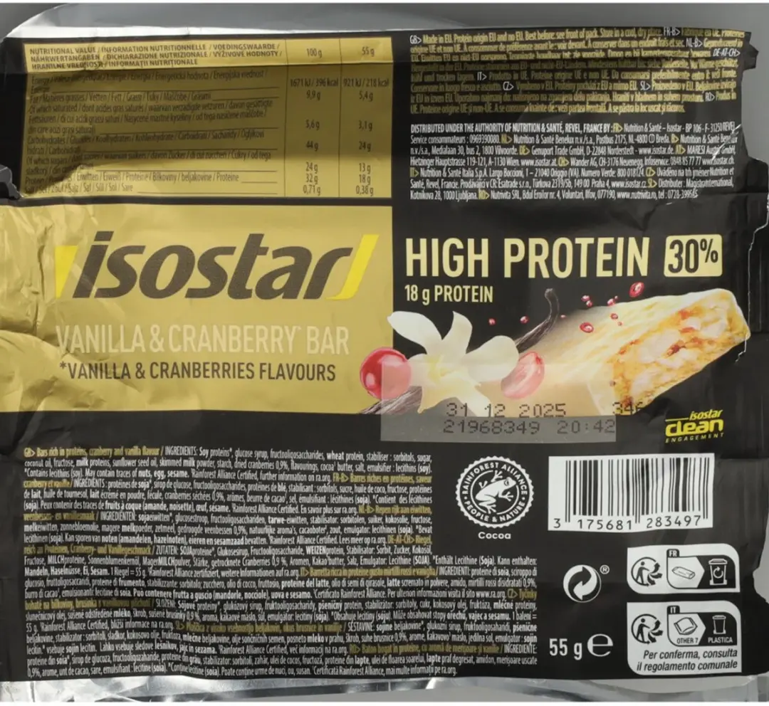 Isostar High Protein 30 Reep - Vanilla Cranberry - 16x56g