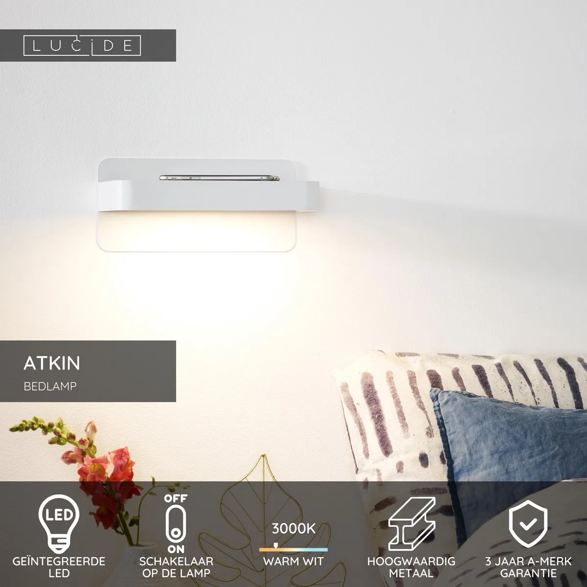 Lucide ATKIN Bedlamp/Wandlamp 6W 3000K - Wit