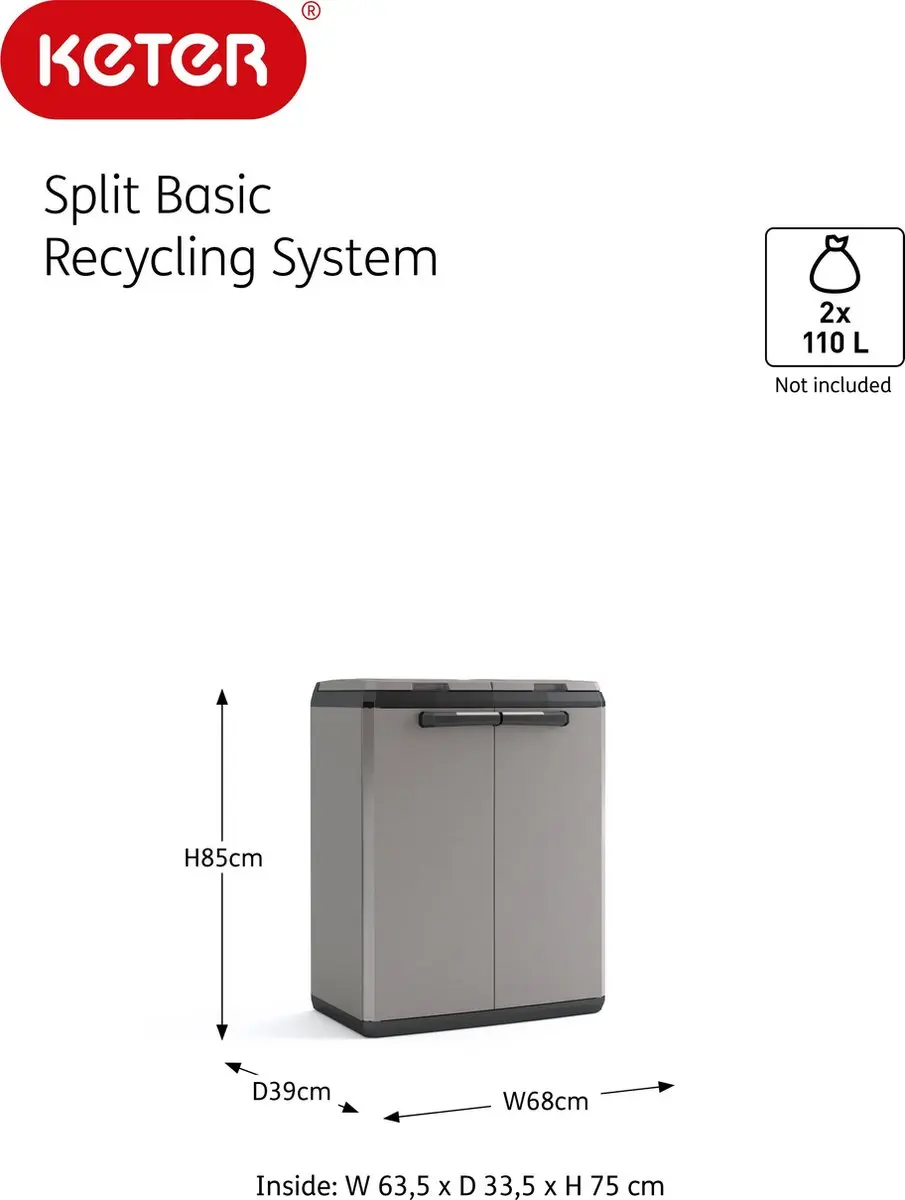 Keter Split Basic Recycling Vuilnisbak 220L - 68x39x85cm Grijs/Zwart