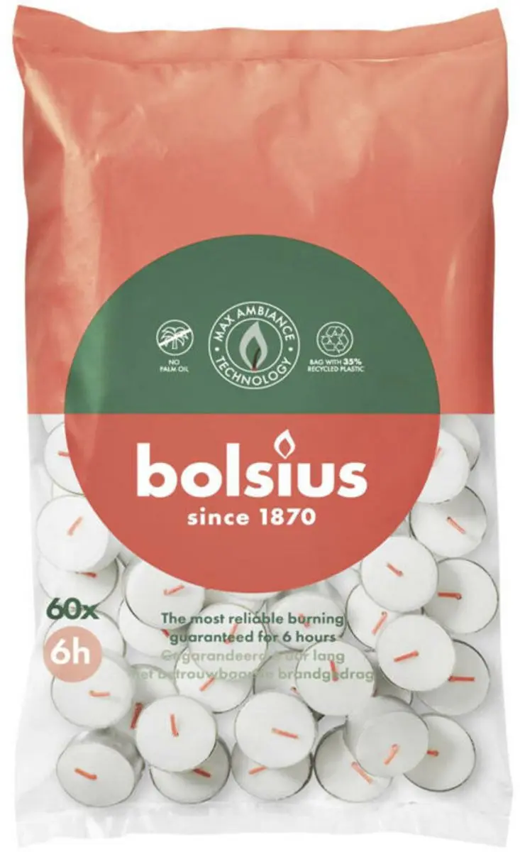Bolsius Theelichten Wit 6 Branduren - 3x60 Stuks