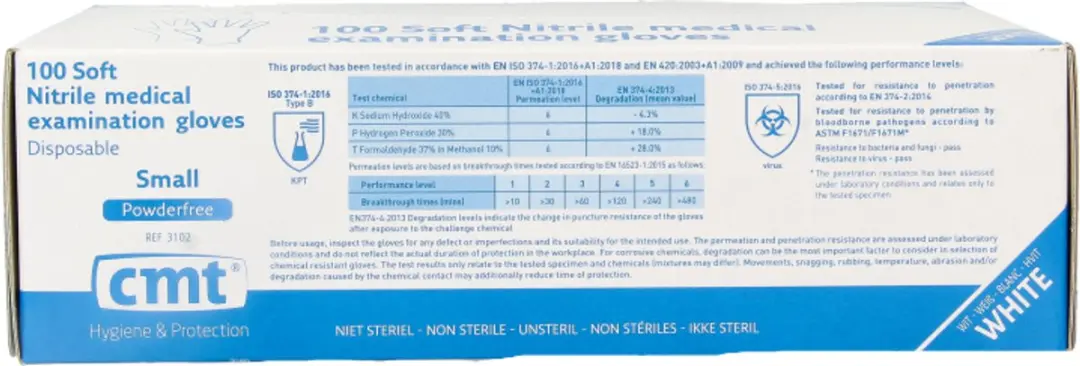 CMT Onderzoekshandschoen Nitril Wit Poedervrij S - 100 Stuks