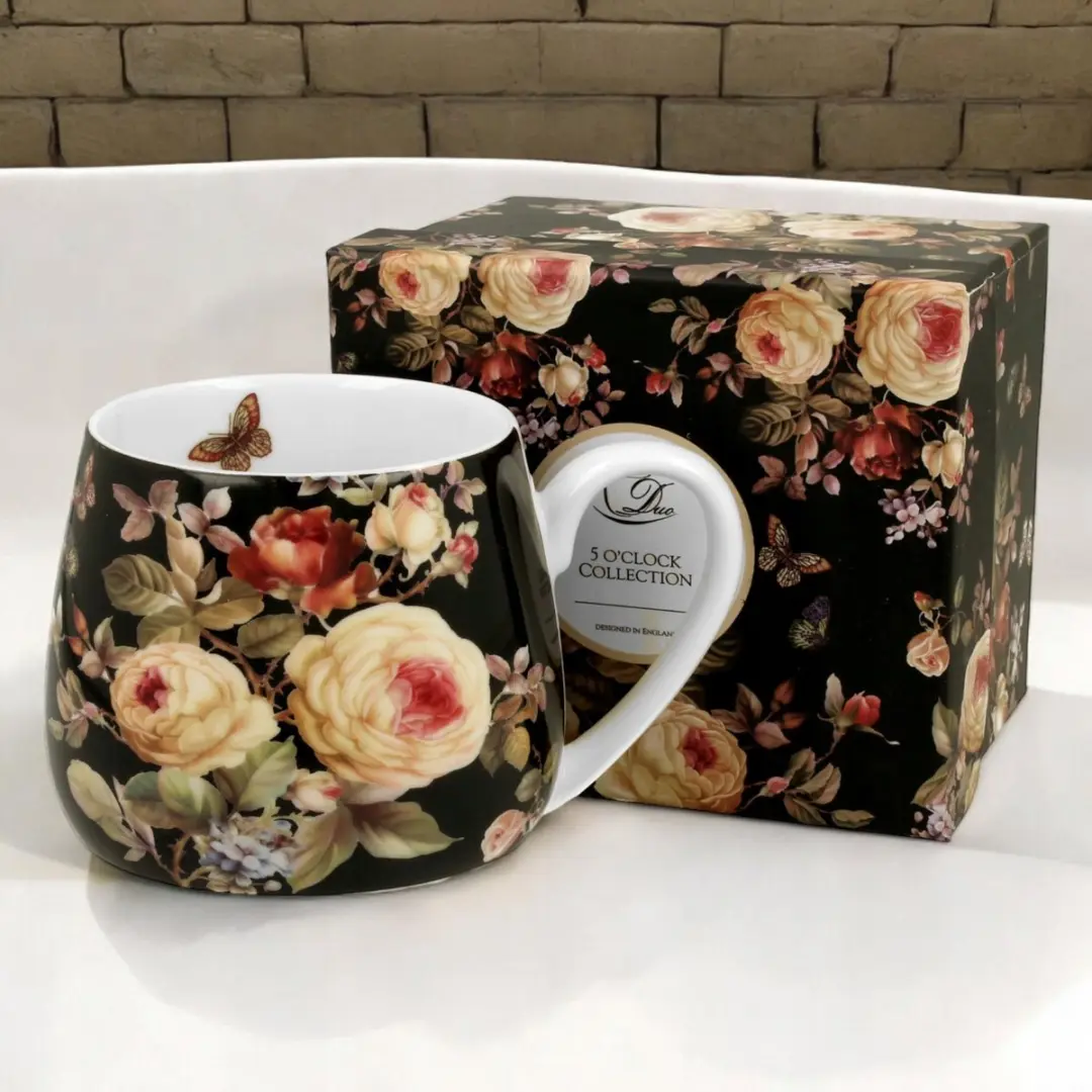 Duo Porseleinen Koffie- en Theekop Bloemen 430ml - Wit/Zwart/Paars/Roze/Geel/Groen