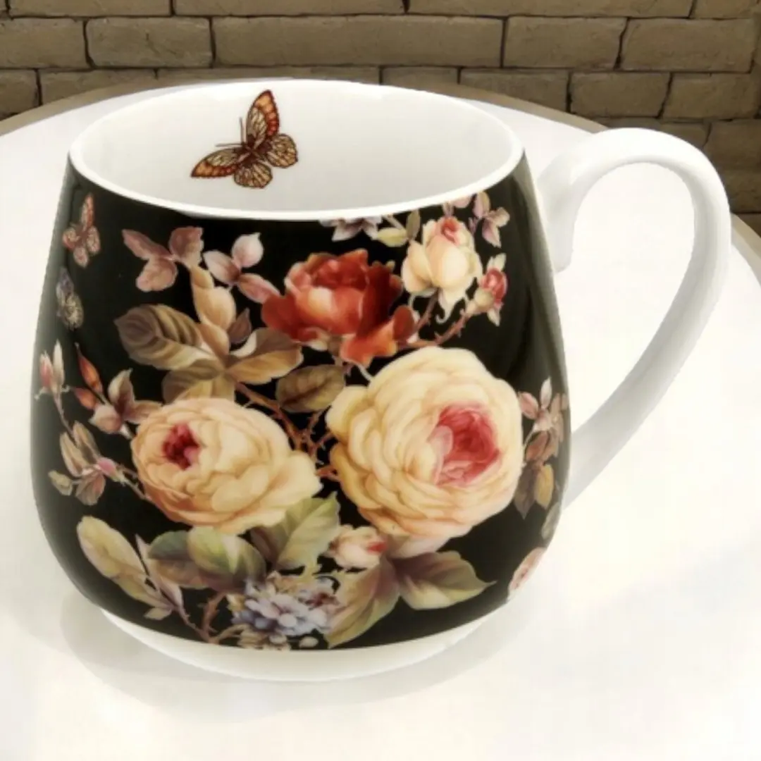 Duo Porseleinen Koffie- en Theekop Bloemen 430ml - Wit/Zwart/Paars/Roze/Geel/Groen